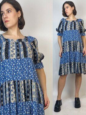Vintage 1980s Puff Sleeve MIXED Print MUU MUU Dress -- Medium to Large